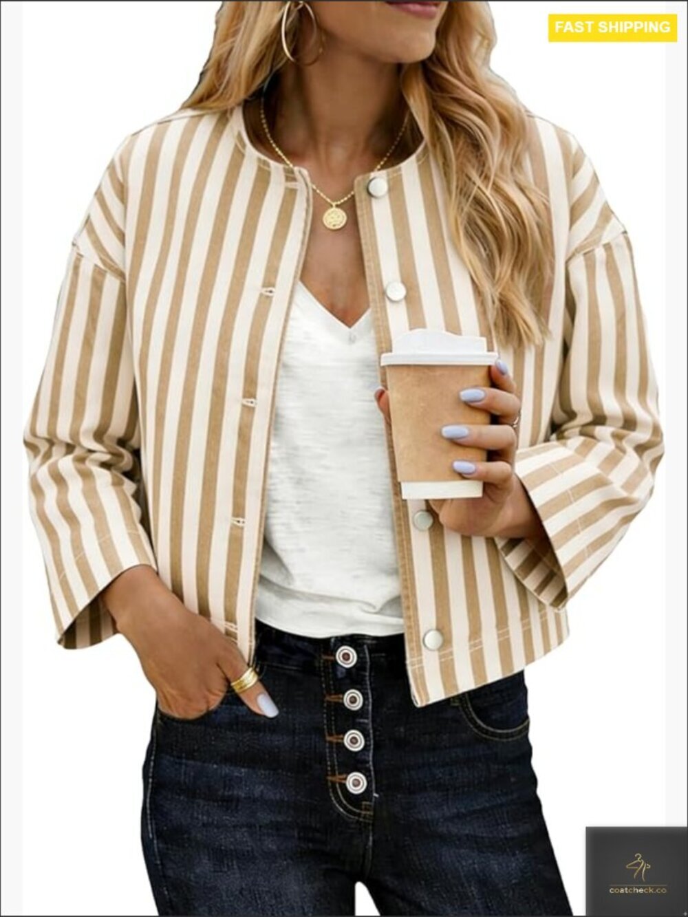 Cropped Striped Button Down Jacket Oversized Casual Outerwear with Pockets